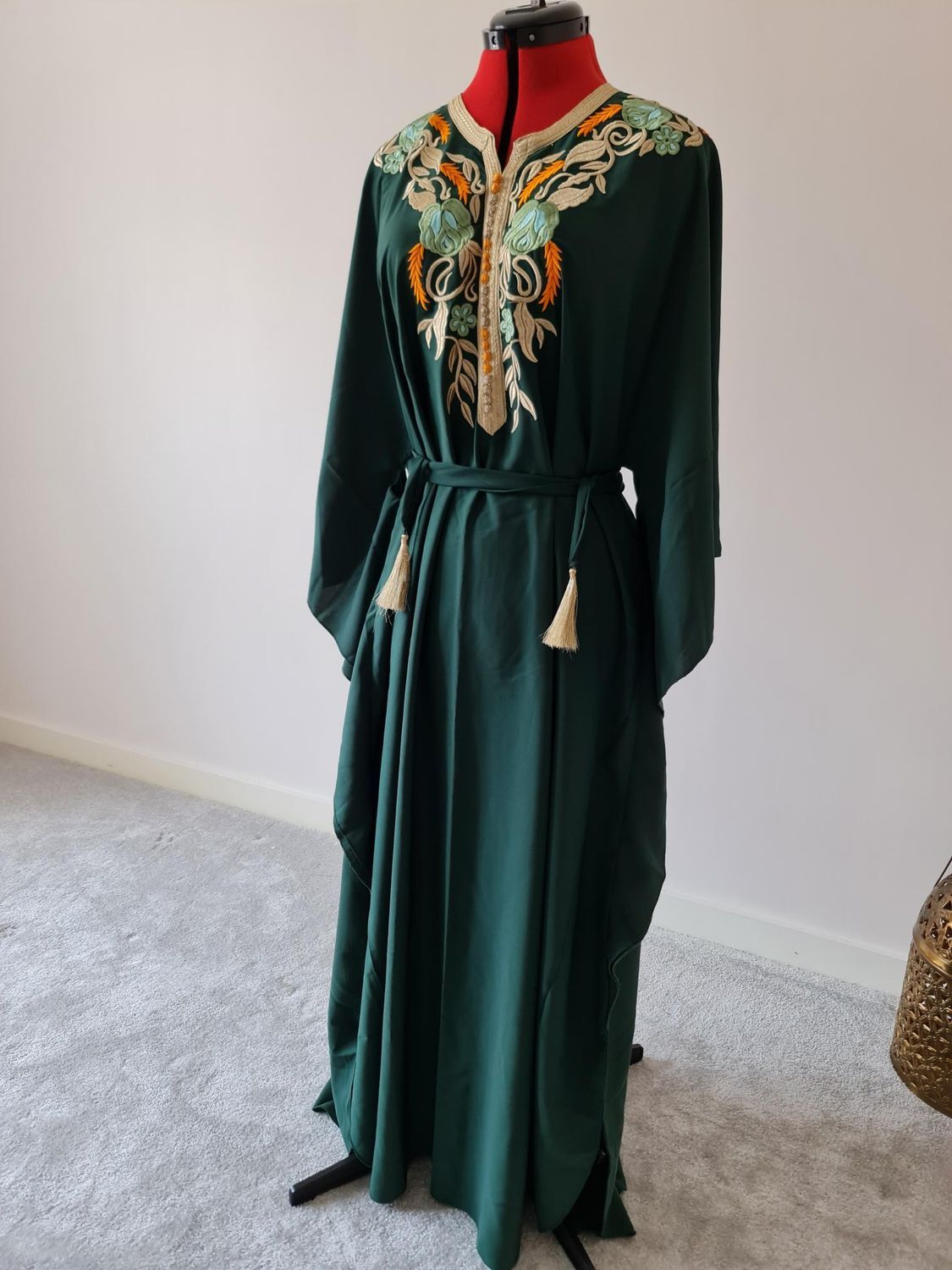 Dark green butterfly kaftan with gold embroidery