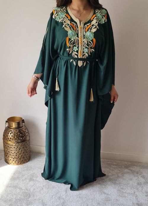 Dark green butterfly kaftan with gold embroidery