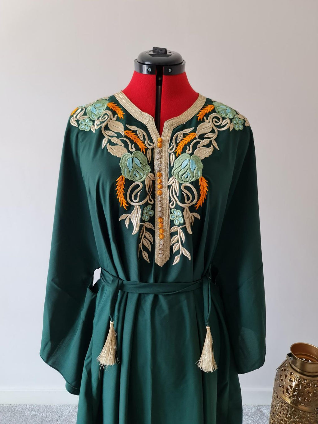 Dark green butterfly kaftan with gold embroidery