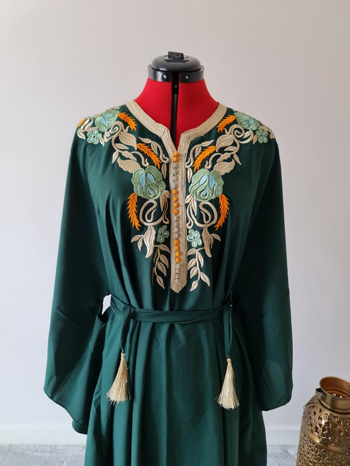 Dark green butterfly kaftan with gold embroidery