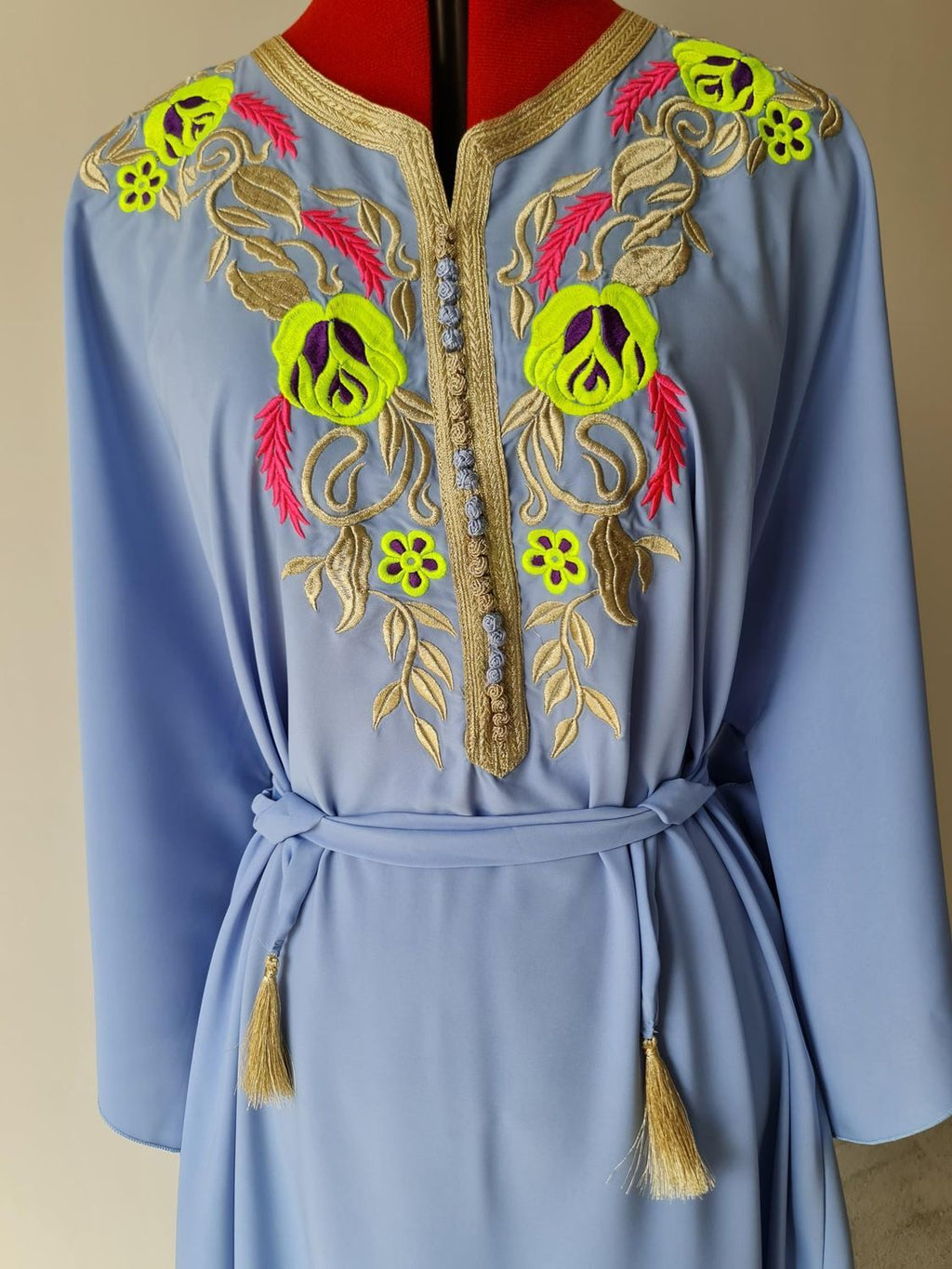 Light blue butterfly kaftan with gold embroidery