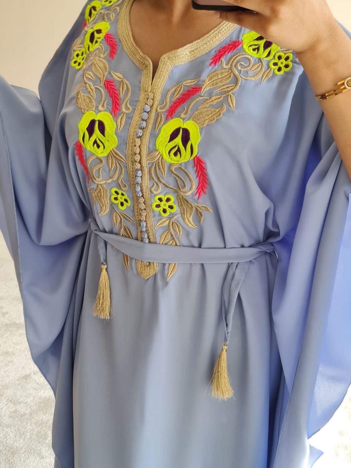 Light blue butterfly kaftan with gold embroidery