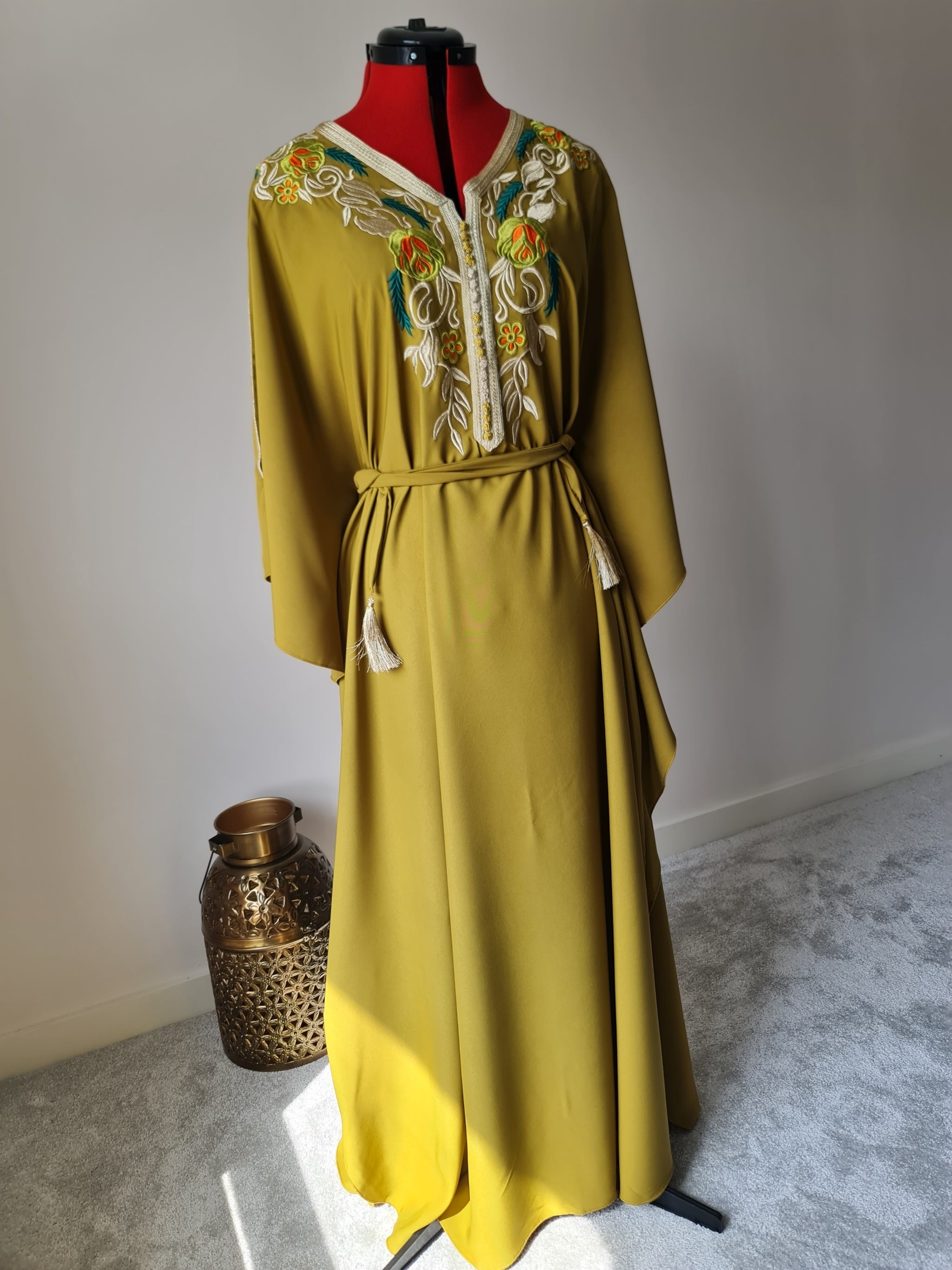 Mustard butterfly kaftan with gold embroidery