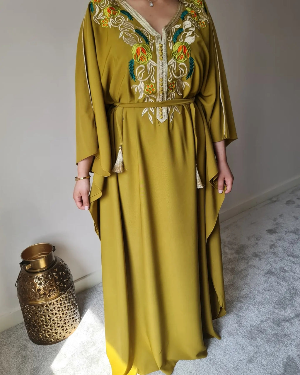 Mustard butterfly kaftan with gold embroidery