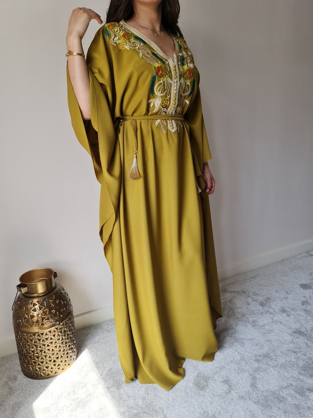Mustard butterfly kaftan with gold embroidery