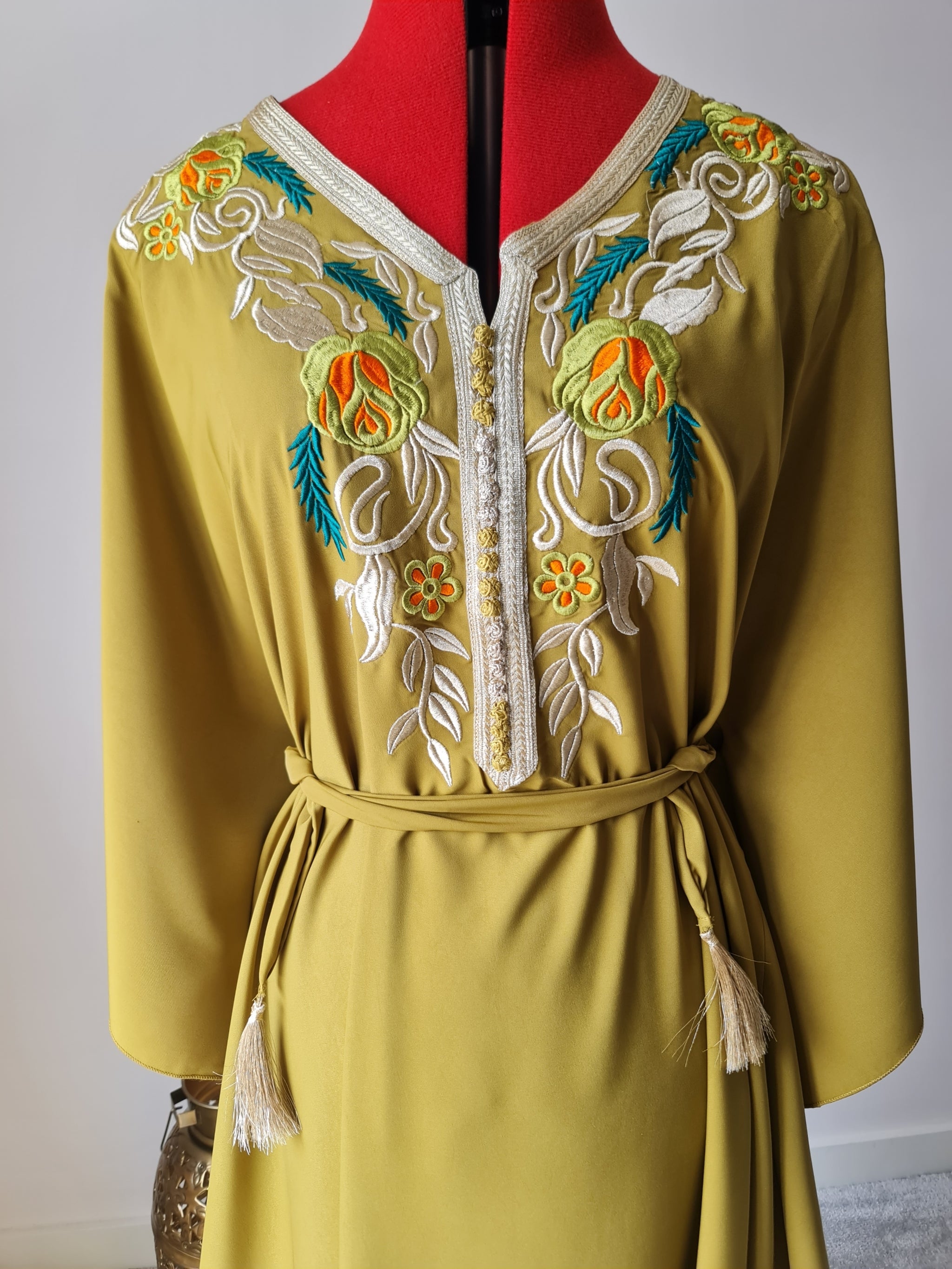 Mustard butterfly kaftan with gold embroidery