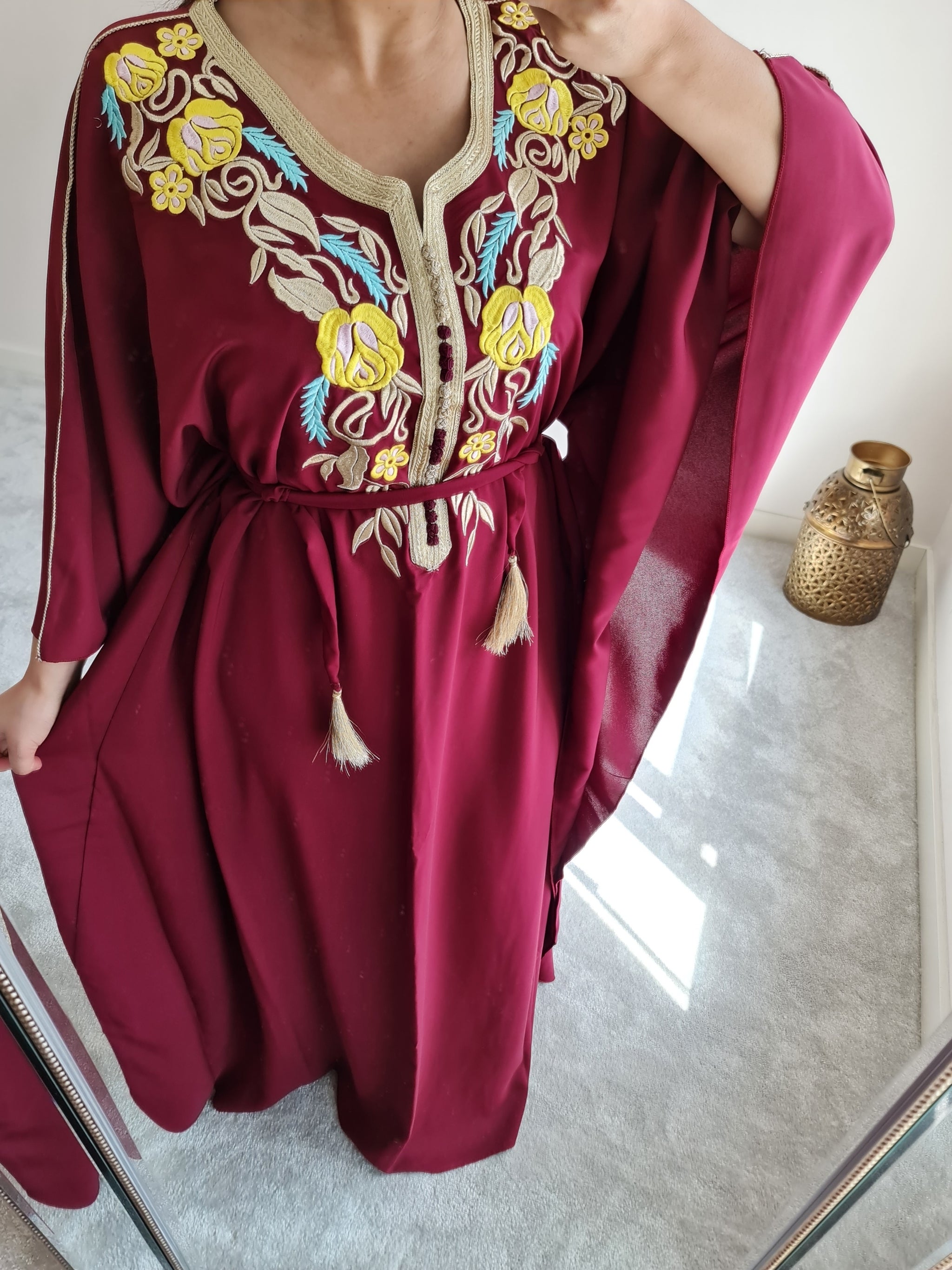 Burgundy butterfly kaftan with gold embroidery