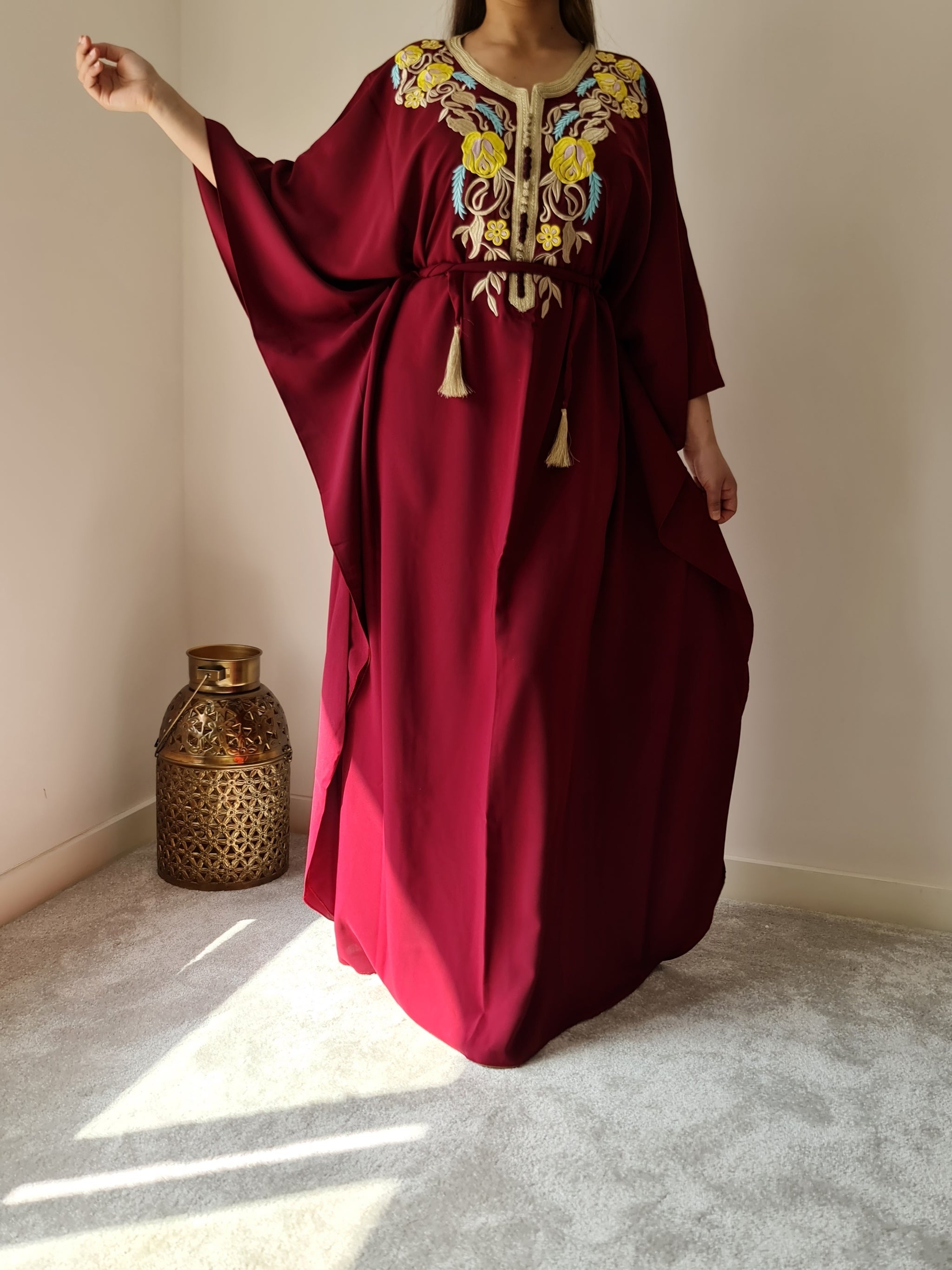 Burgundy butterfly kaftan with gold embroidery