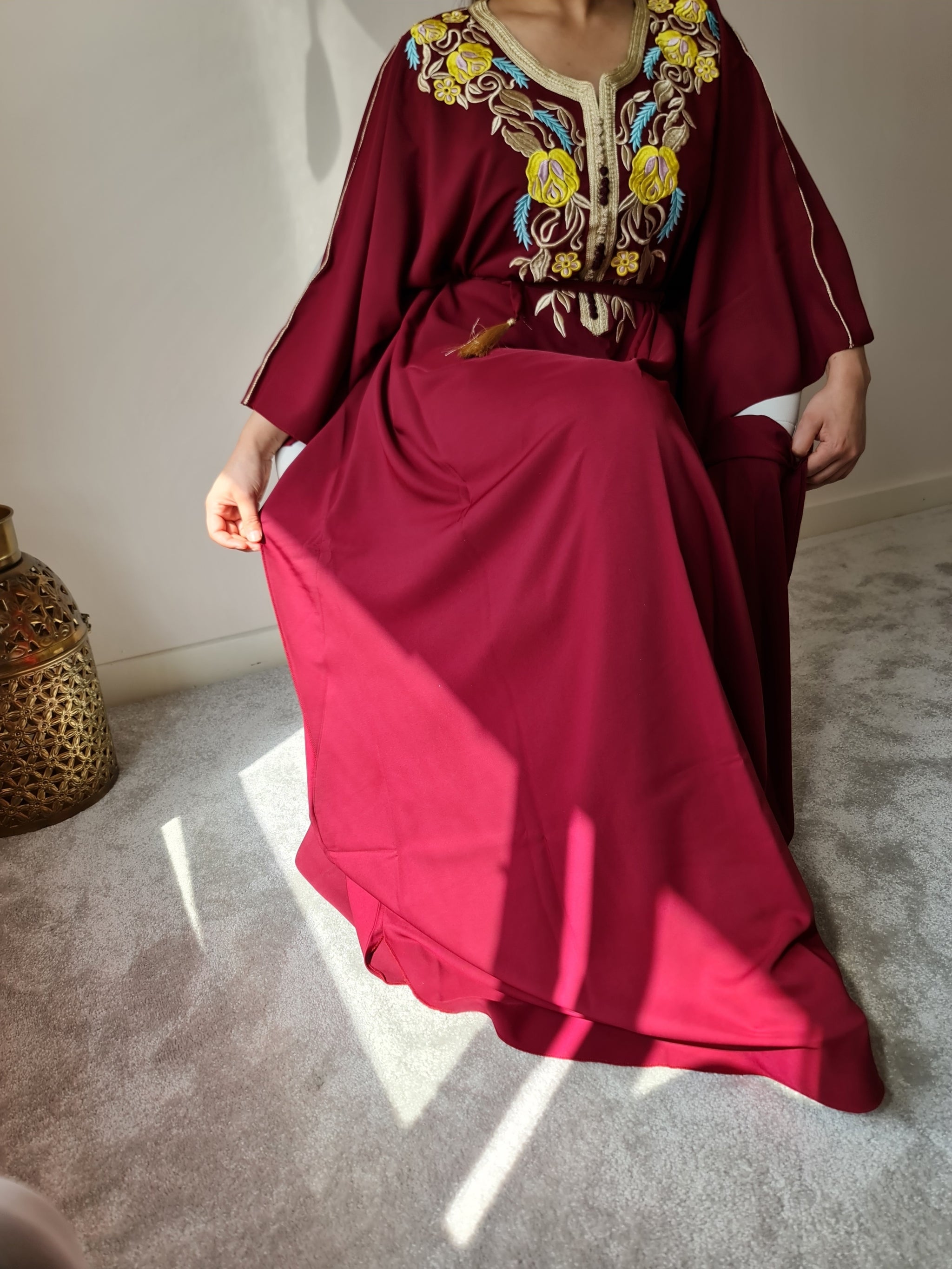 Burgundy butterfly kaftan with gold embroidery