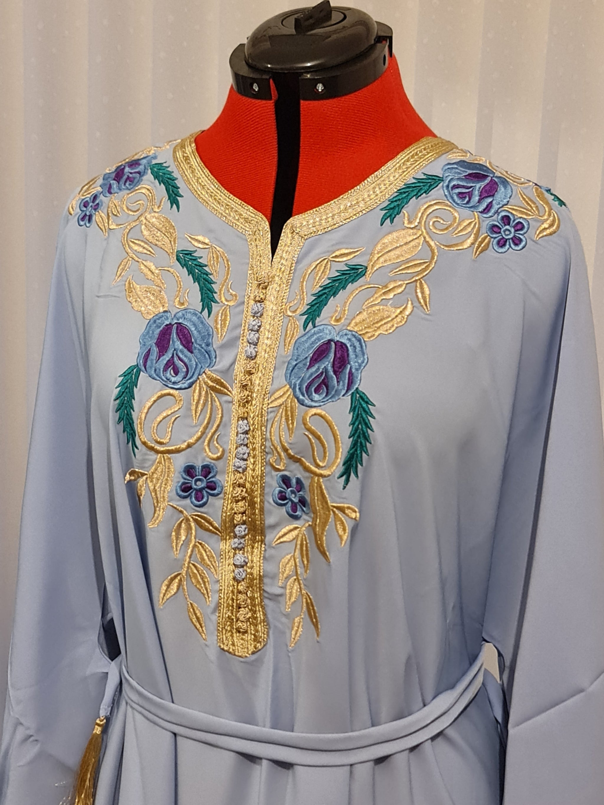 Light blue butterfly kaftan with gold embroidery