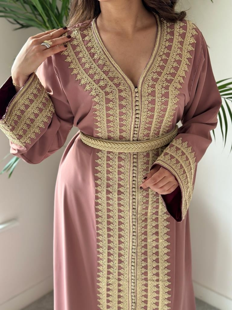 Kaftan Fes in Nude Pink with Gold Embroidery