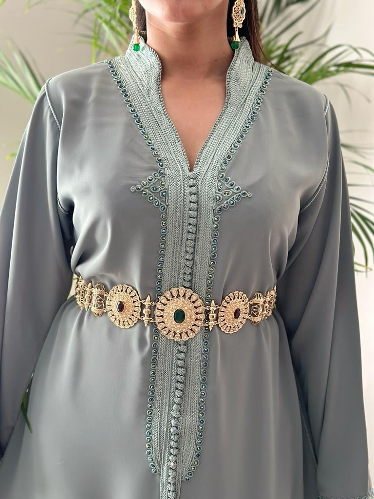 Sage Green kaftan with matching crystals and embroidery