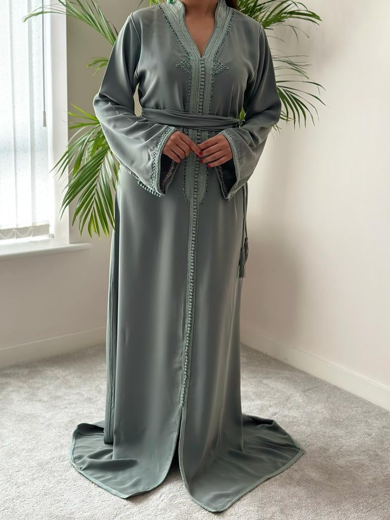 Sage Green kaftan with matching crystals and embroidery