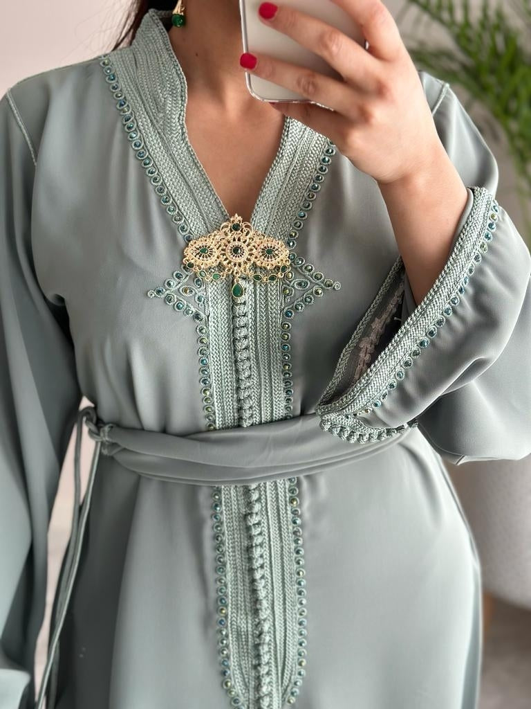 Sage Green kaftan with matching crystals and embroidery