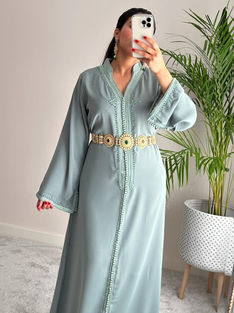 Sage Green kaftan with matching crystals and embroidery