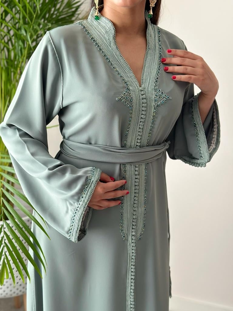 Sage Green kaftan with matching crystals and embroidery