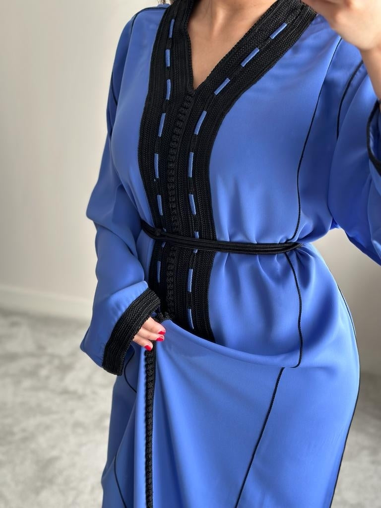 Royal Blue kaftan with decorative embroidery in black