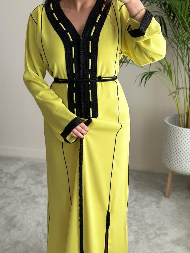 Lime Yellow kaftan with decorative embroidery in black