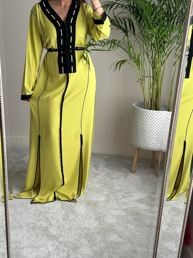 Lime Yellow kaftan with decorative embroidery in black