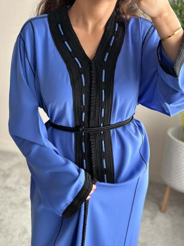 Royal Blue kaftan with decorative embroidery in black