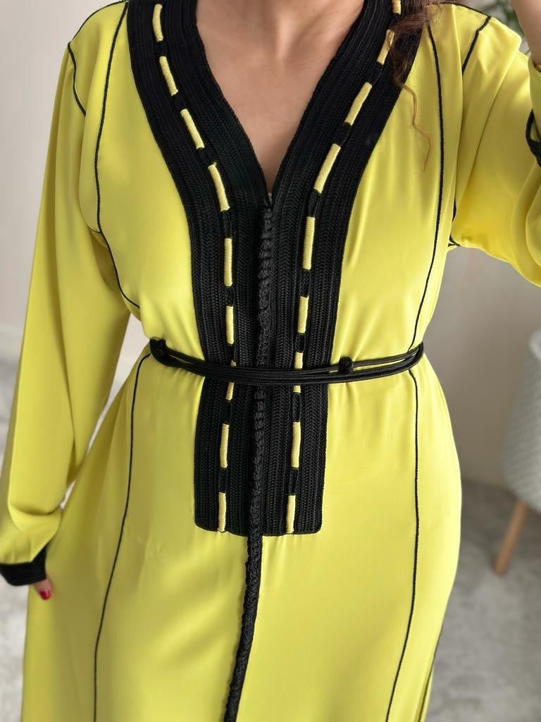 Lime Yellow kaftan with decorative embroidery in black