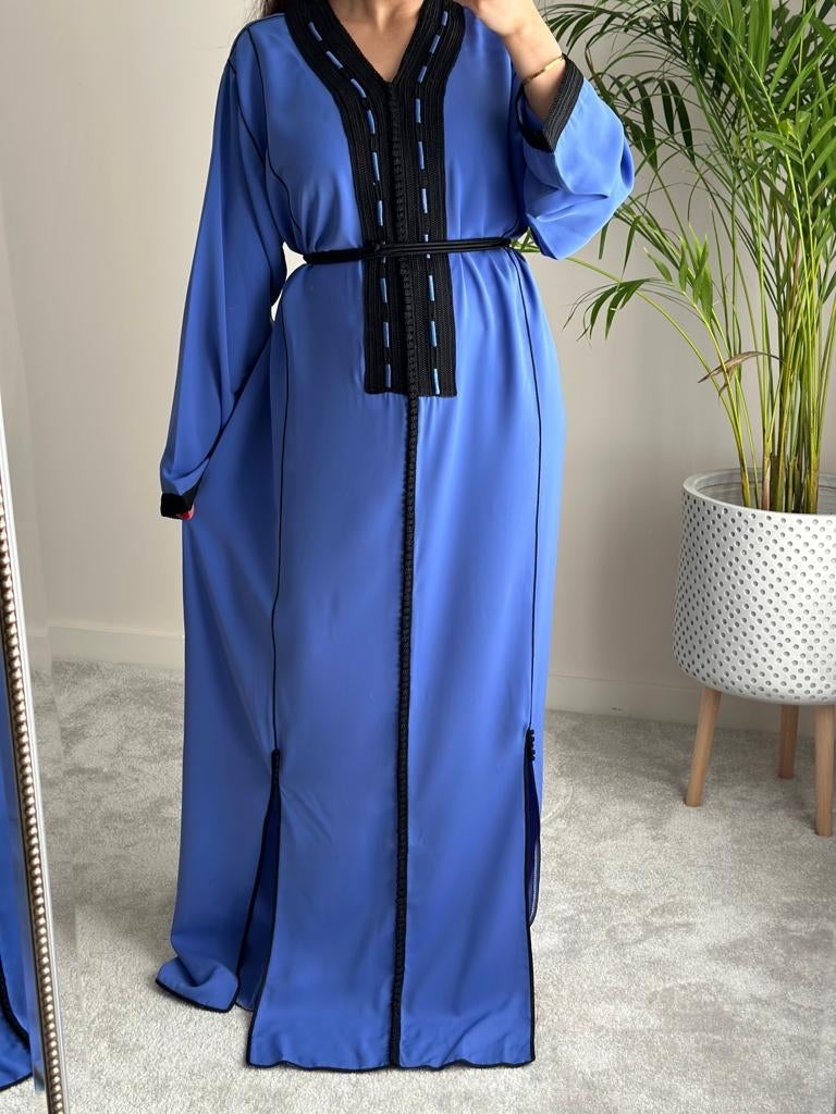Royal Blue kaftan with decorative embroidery in black