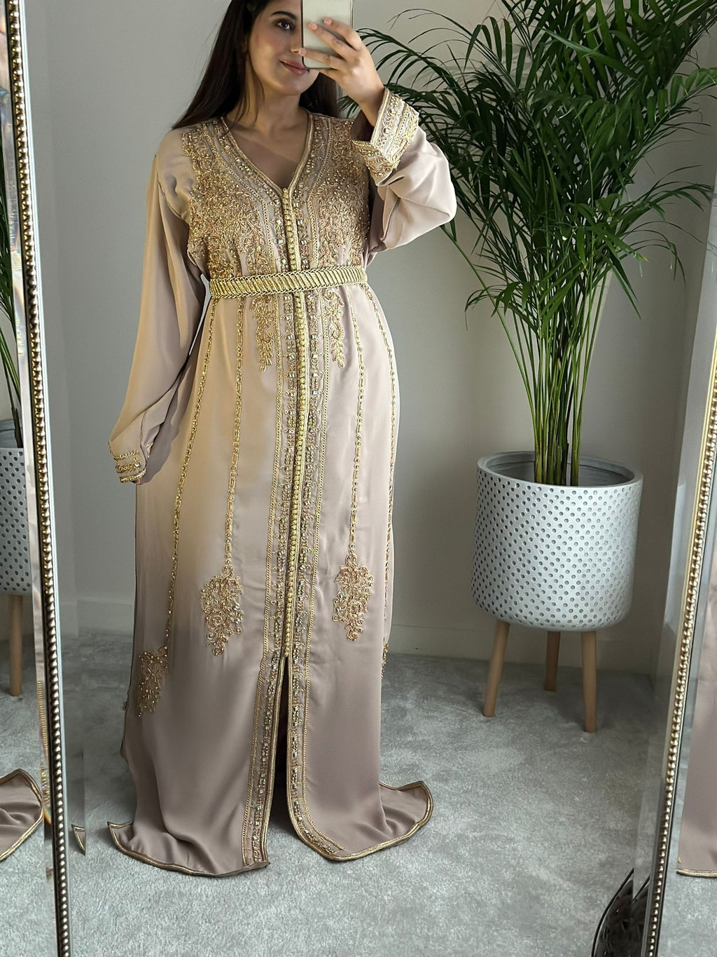 Nude Kaftan with Gold detailing and belt