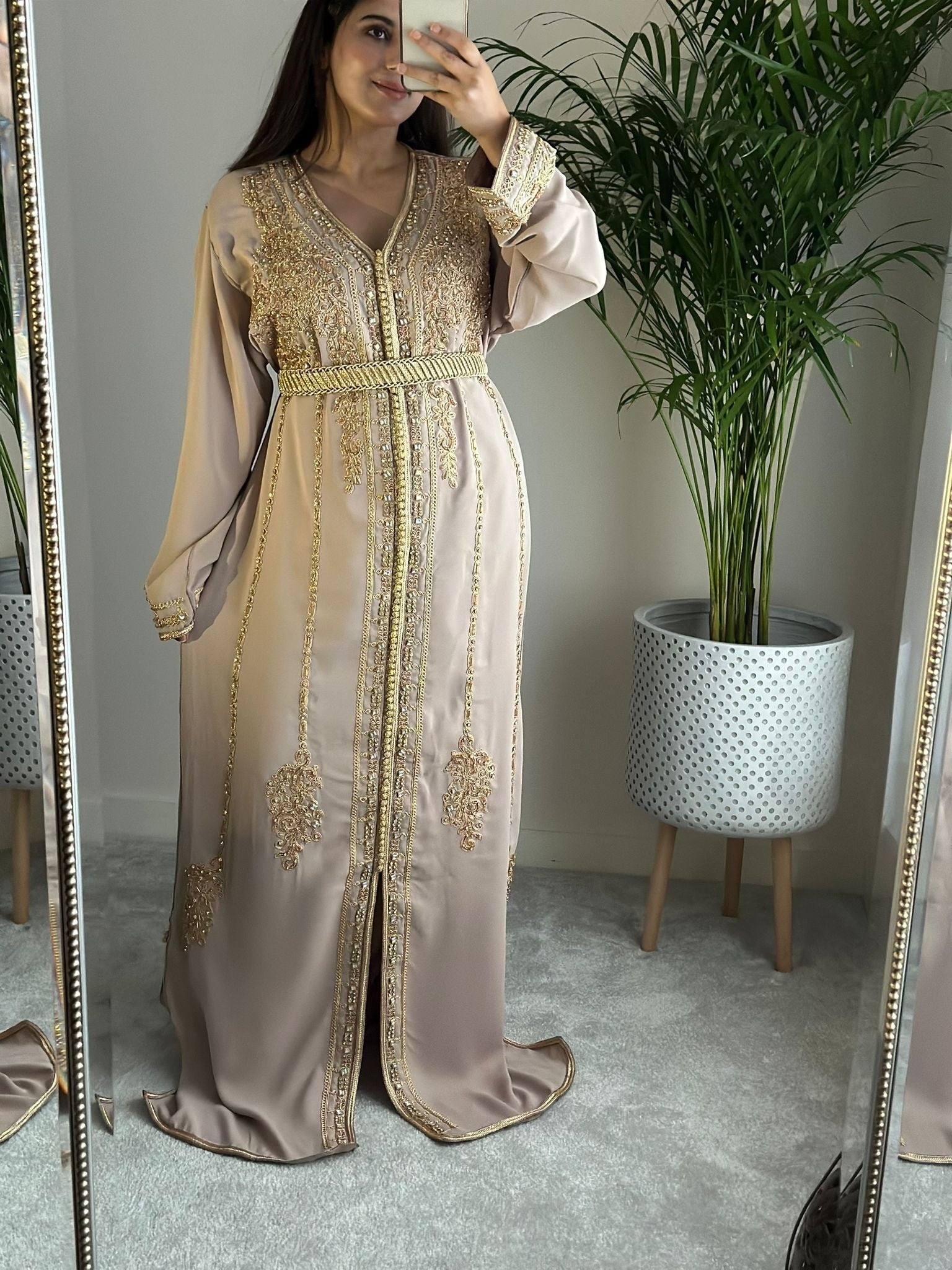 Nude Kaftan with Gold detailing and belt