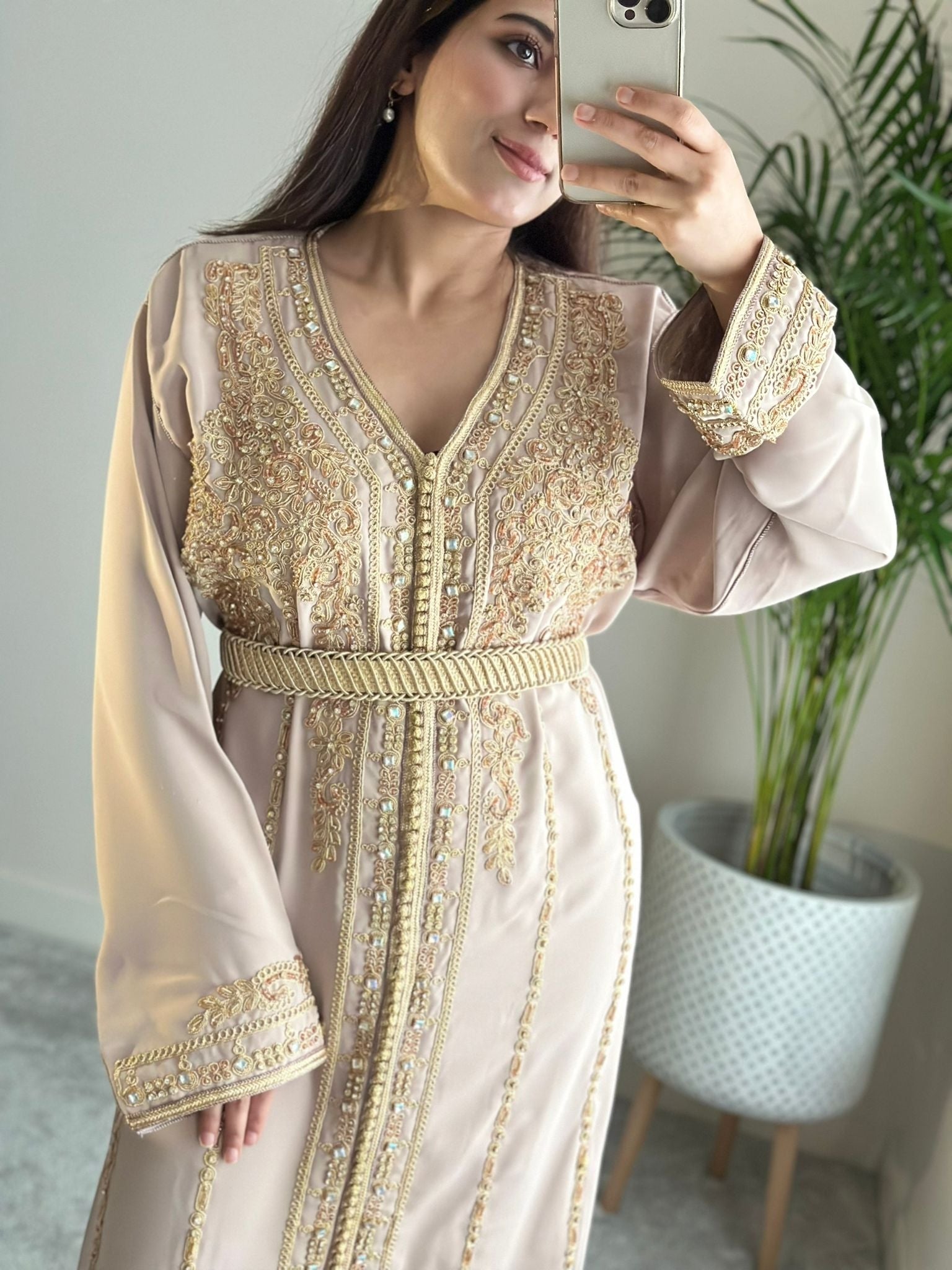 Nude Kaftan with Gold detailing and belt