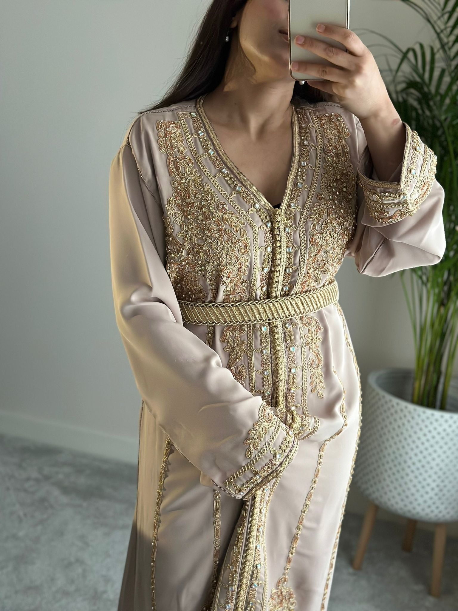 Nude Kaftan with Gold detailing and belt