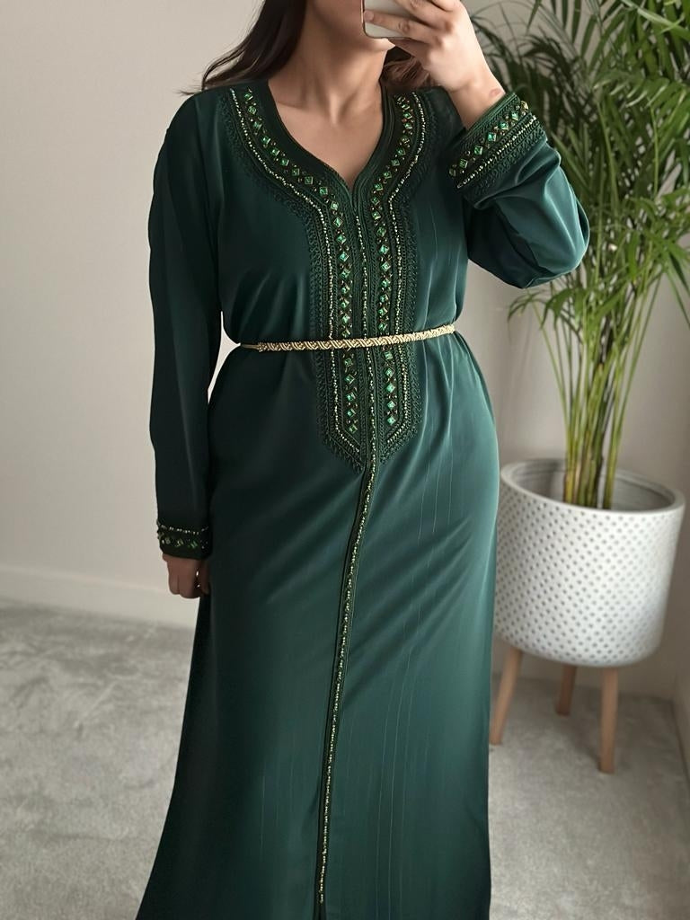 Henna Green Kaftan with matching crystals and gold detailing