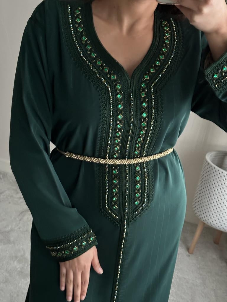 Henna Green Kaftan with matching crystals and gold detailing