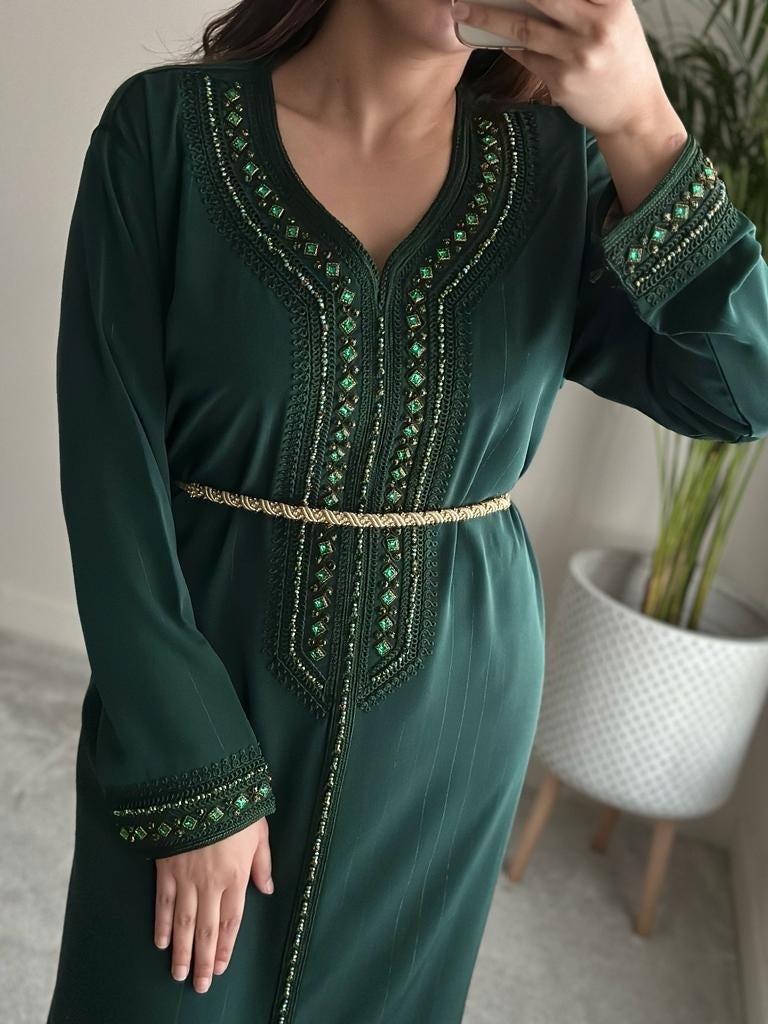 Henna Green Kaftan with matching crystals and gold detailing