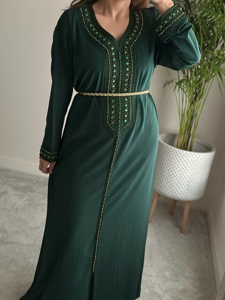 Henna Green Kaftan with matching crystals and gold detailing