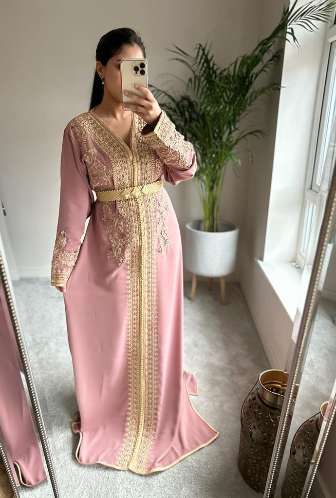 Kaftan Nakhwa in Rose Nude with gold belt and colourful embellishment