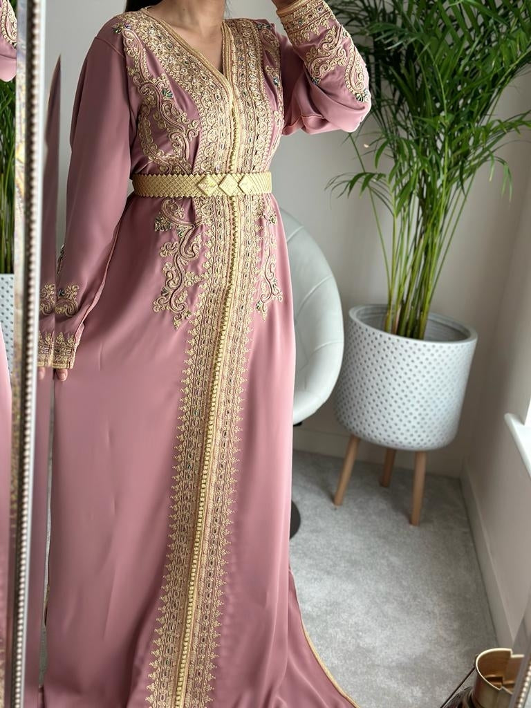 Kaftan Nakhwa in Rose Nude with gold belt and colourful embellishment