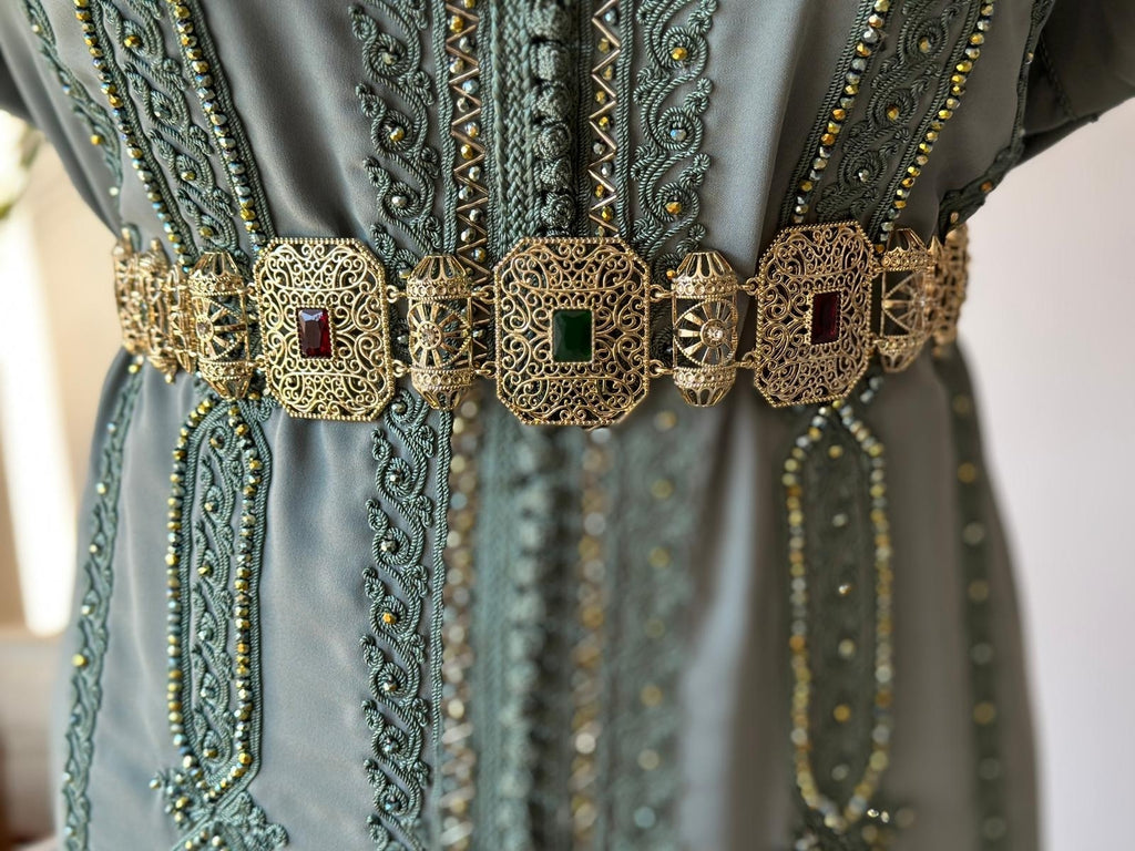 Gold Moroccan Belt with colourful Stones