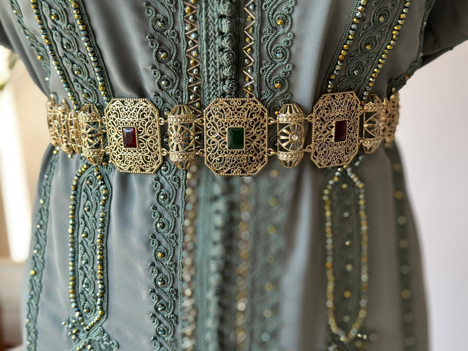 Gold Moroccan Belt with colourful Stones