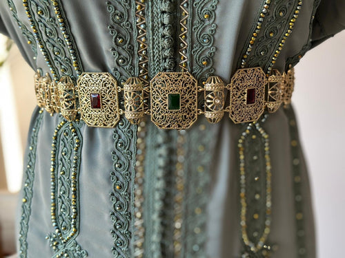 Gold Moroccan Belt with colourful Stones