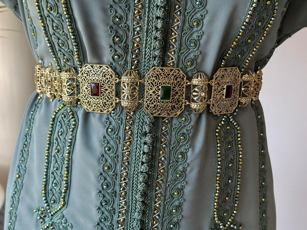 Gold Moroccan Belt with colourful Stones
