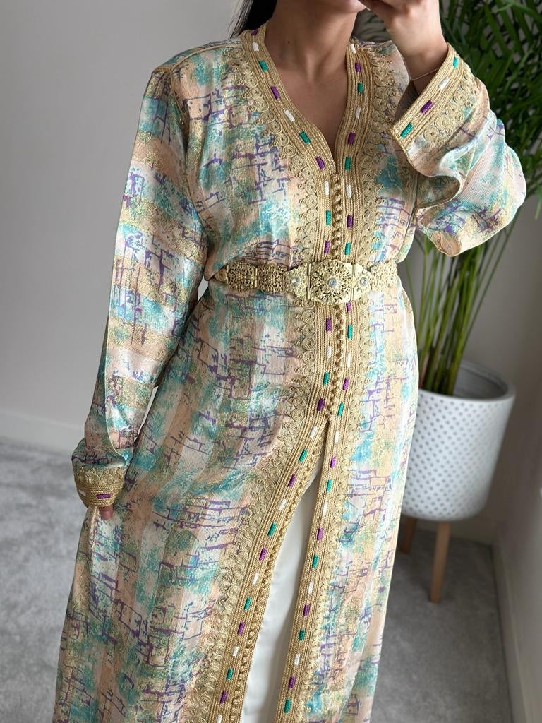 Takchita EL Hama in Turquoise multicolour with Gold embroidery