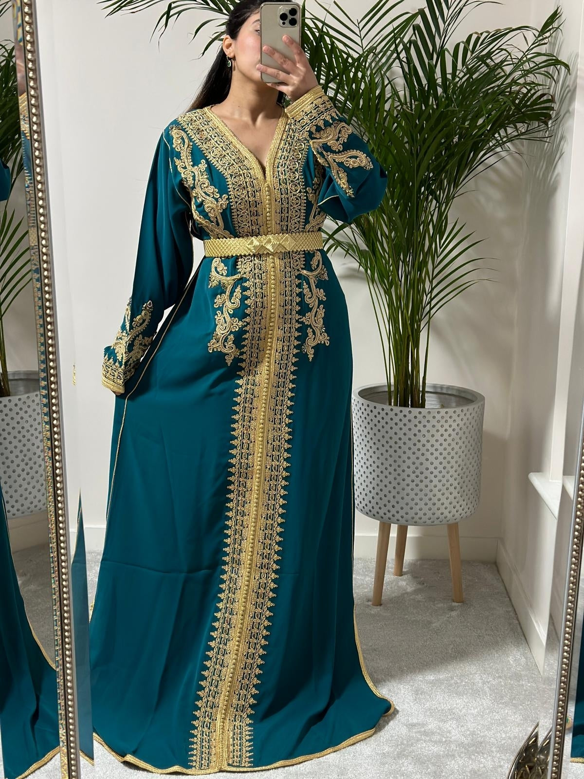 Kaftan Nakhwa in Teal with gold belt and colourful embellishment