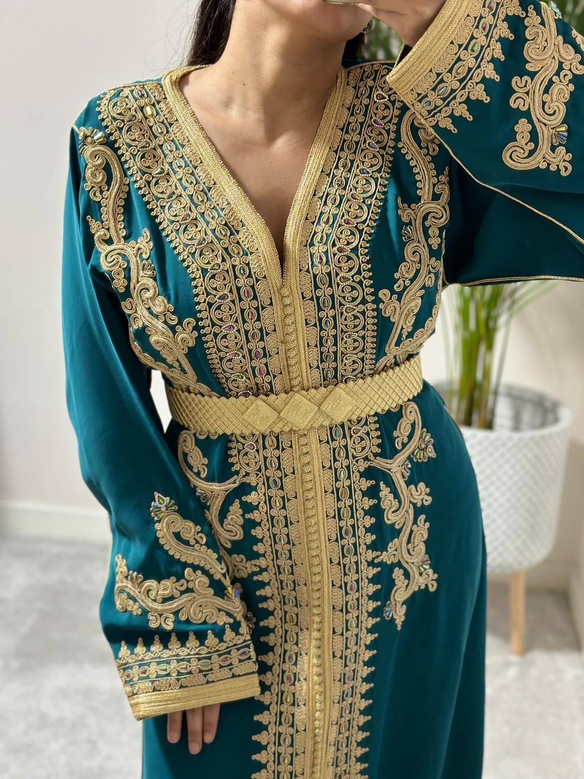 Kaftan Nakhwa in Teal with gold belt and colourful embellishment