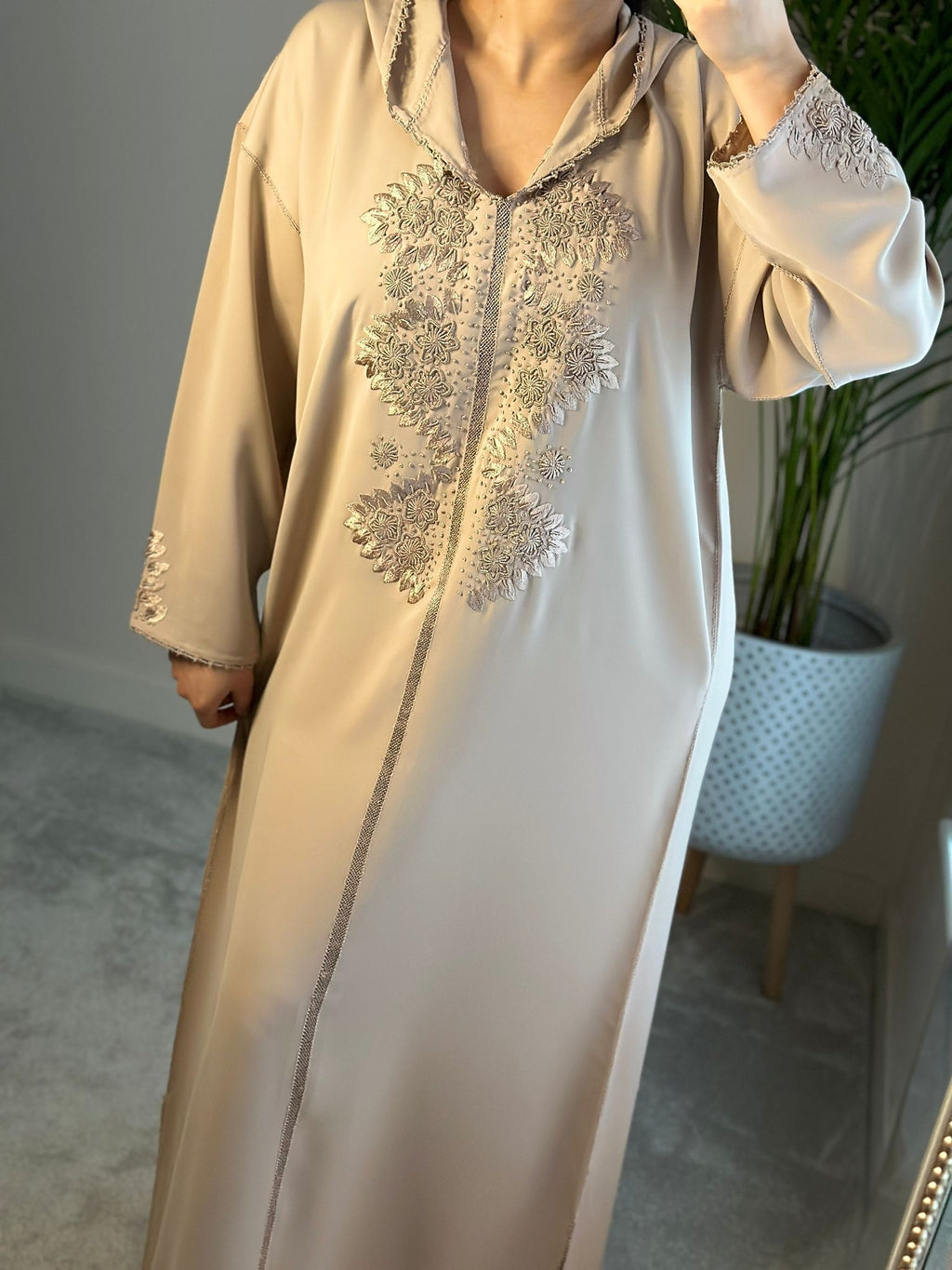 Moroccan Jellaba in Beige Hand-stitched
