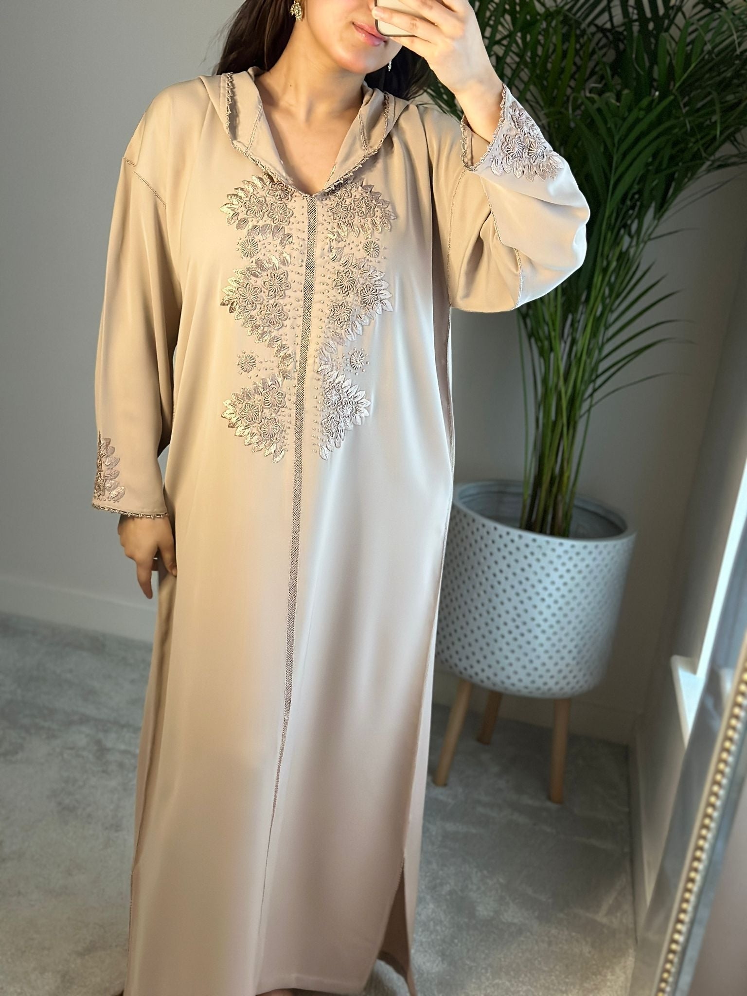 Moroccan Jellaba in Beige Hand-stitched