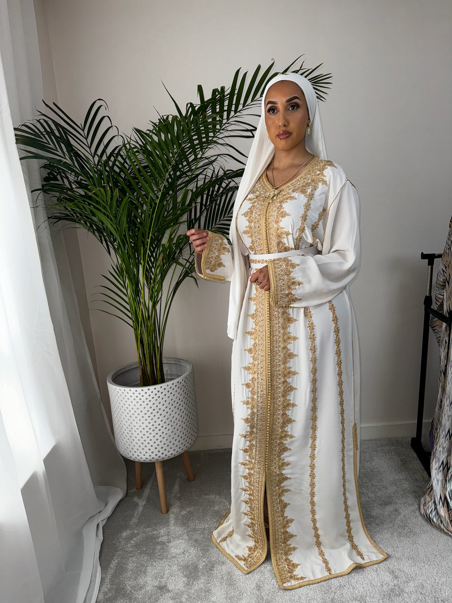 White Bridal Kaftan With gold Embroidery and Matching Belt