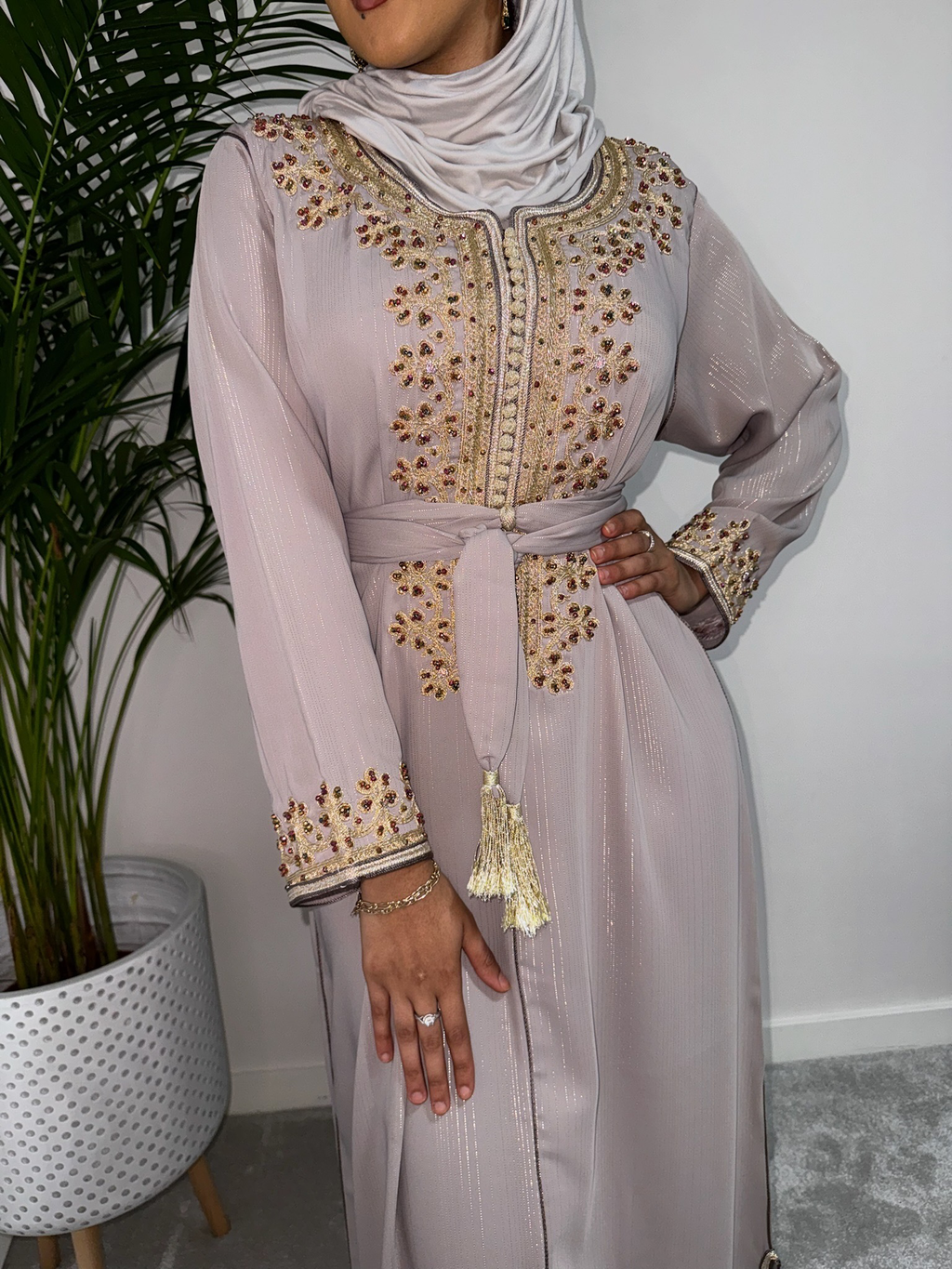 Kaftan Ramadan Half Embroidered With Matching Crepe Fabric Belt