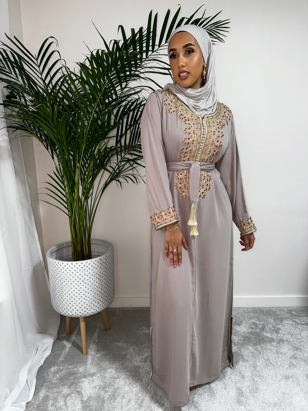 Kaftan Ramadan Half Embroidered With Matching Crepe Fabric Belt
