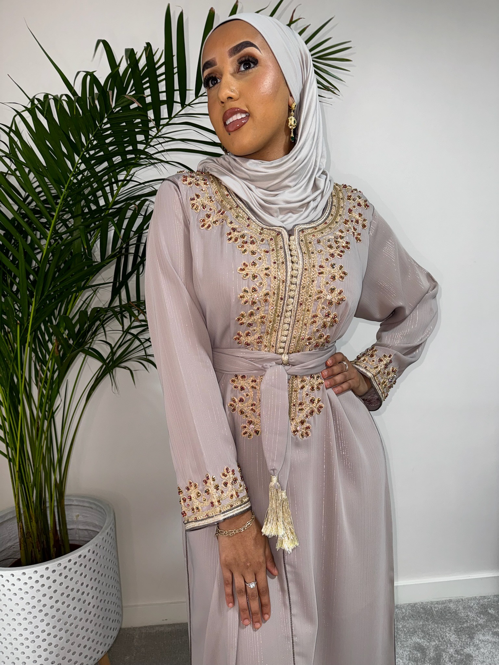Kaftan Ramadan Half Embroidered With Matching Crepe Fabric Belt
