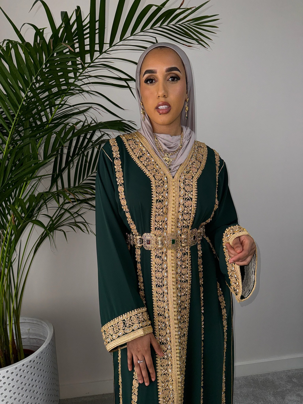 Bridal Kaftan For Henna/Mehndi in Green Full Embroidered Front/back
